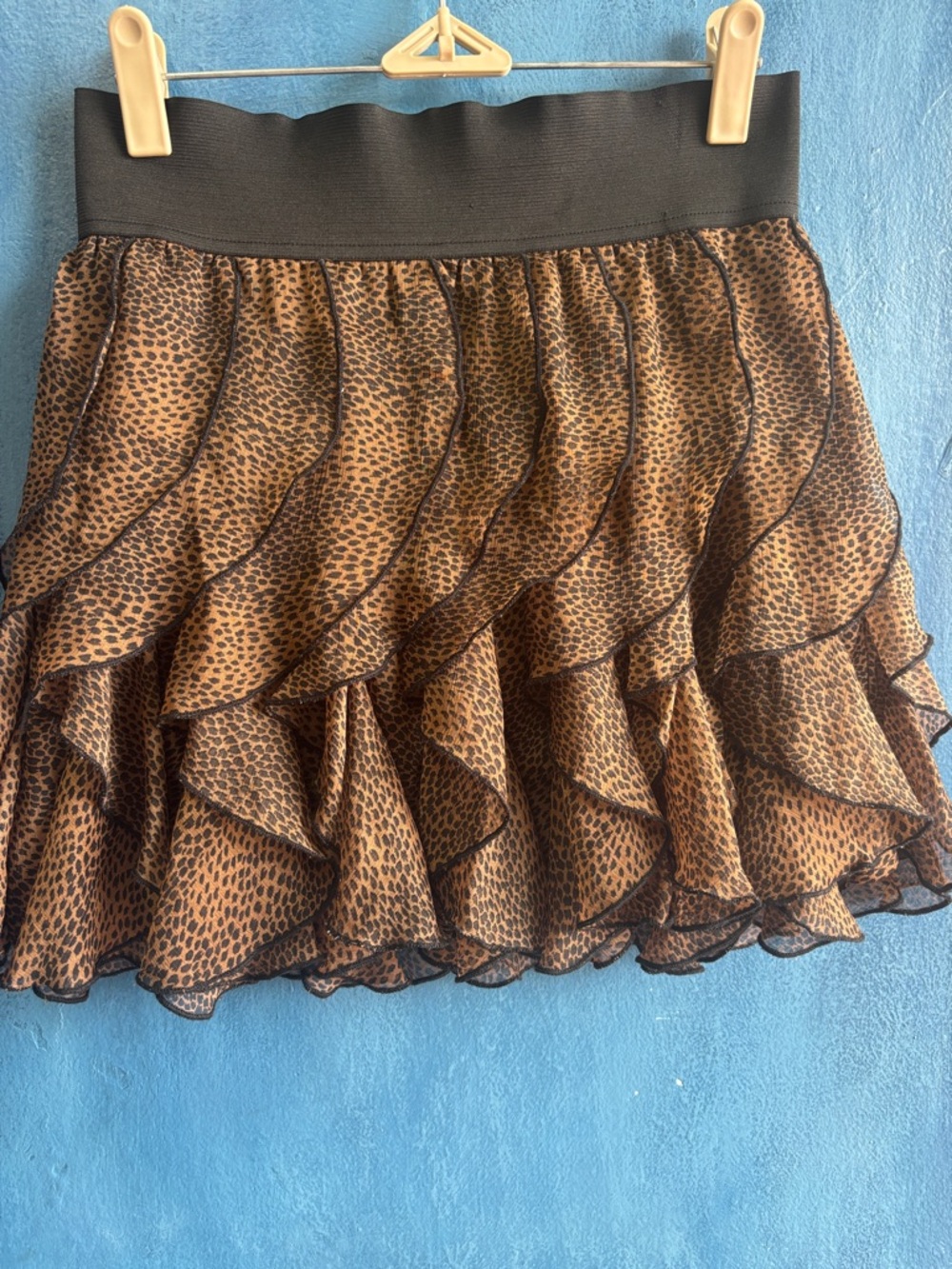 Tiered Ruffle Leopard Print Mini Skirt - Black Waistband, Brown Leopard